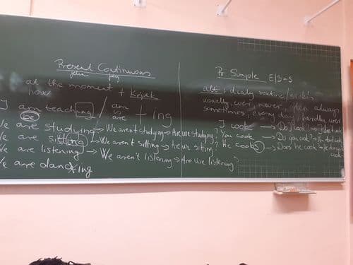 Egy tábla az osztályteremben, teleírva angol nyelvű szöveggel, ami a present continous-t magyarázza 